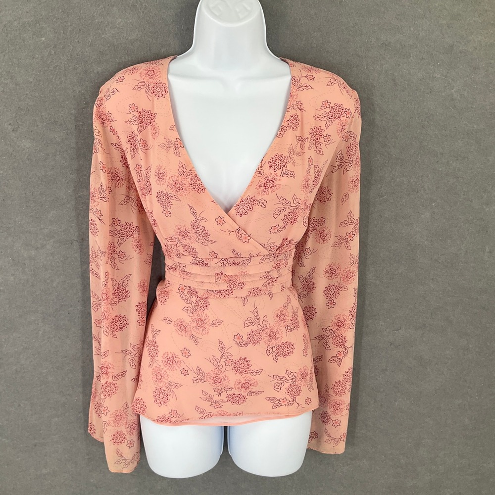 Ann Taylor LOFT Silk Floral Wrap Blouse Pink Sz 10 Babydoll Romantic Bohemian